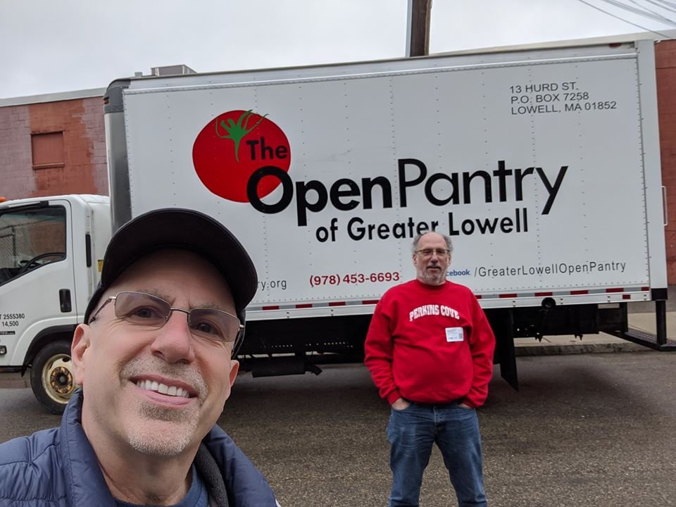 April 22 2020, our new volunteer along with Geoff picking up the pantry order at The Greater Boston Food Bank.